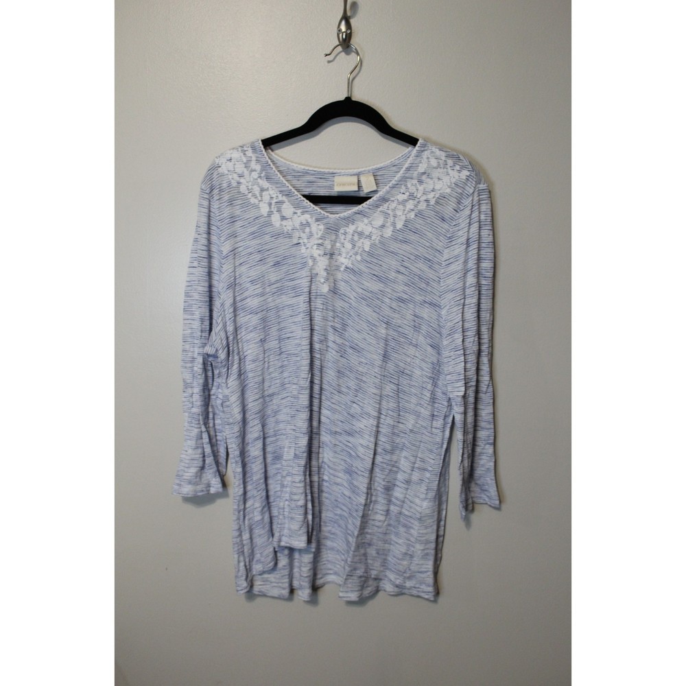 Chico's Embroidered Blue and White 3/4 Shirt Size 2